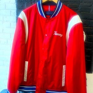 Red Tommy Hilfiger Varsity Jacket With Royal Blue Pipings.